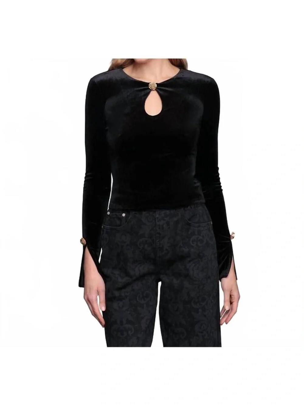 NWT AVEC LES FILLES Women's Long Sleeve Rose Button Velvet Top Sz XS - Picture 2 of 4